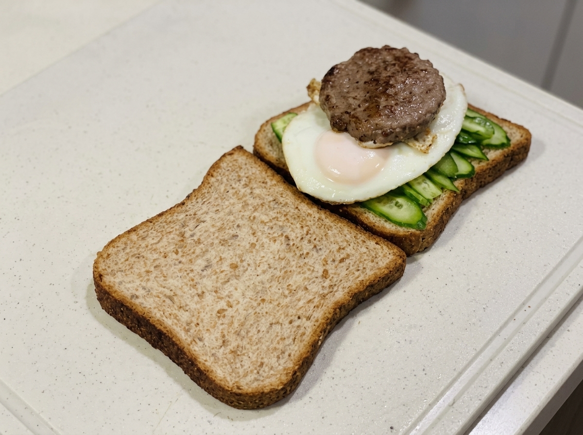 Ein gebratenes Rinderpatty und eine Scheibe Käse werden auf die Spiegeleier und das Brot geschichtet.