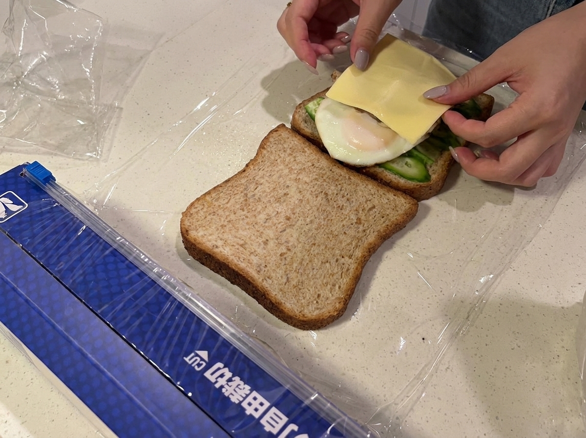 Frisch aufgeschnittene Tomaten werden ordentlich auf der Käseschicht des Sandwiches angeordnet.