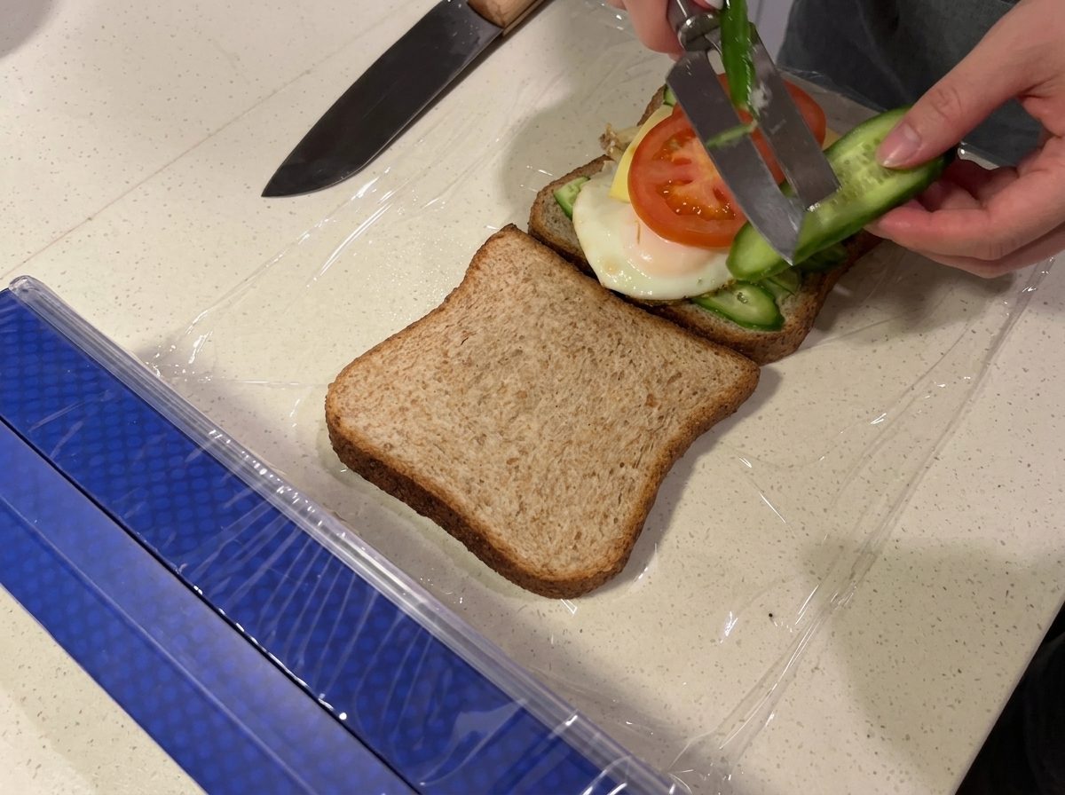 Frische Gurkenscheiben werden mit einem Handhobel auf die Tomatenschicht des Sandwiches gehobelt.