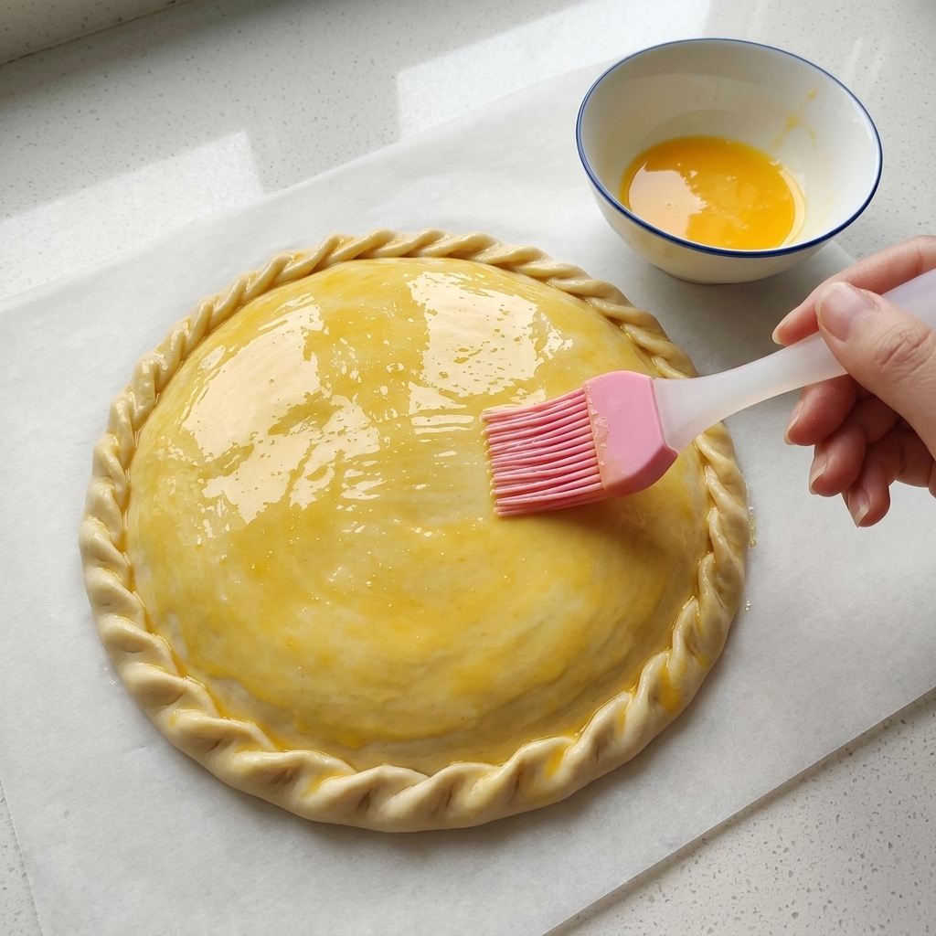 Eine Hand verwendet einen rosa Silikonpinsel, um eine gelbe Eigelbglasur auf eine versiegelte, gekräuselte Teigpastete auf Backpapier aufzutragen.