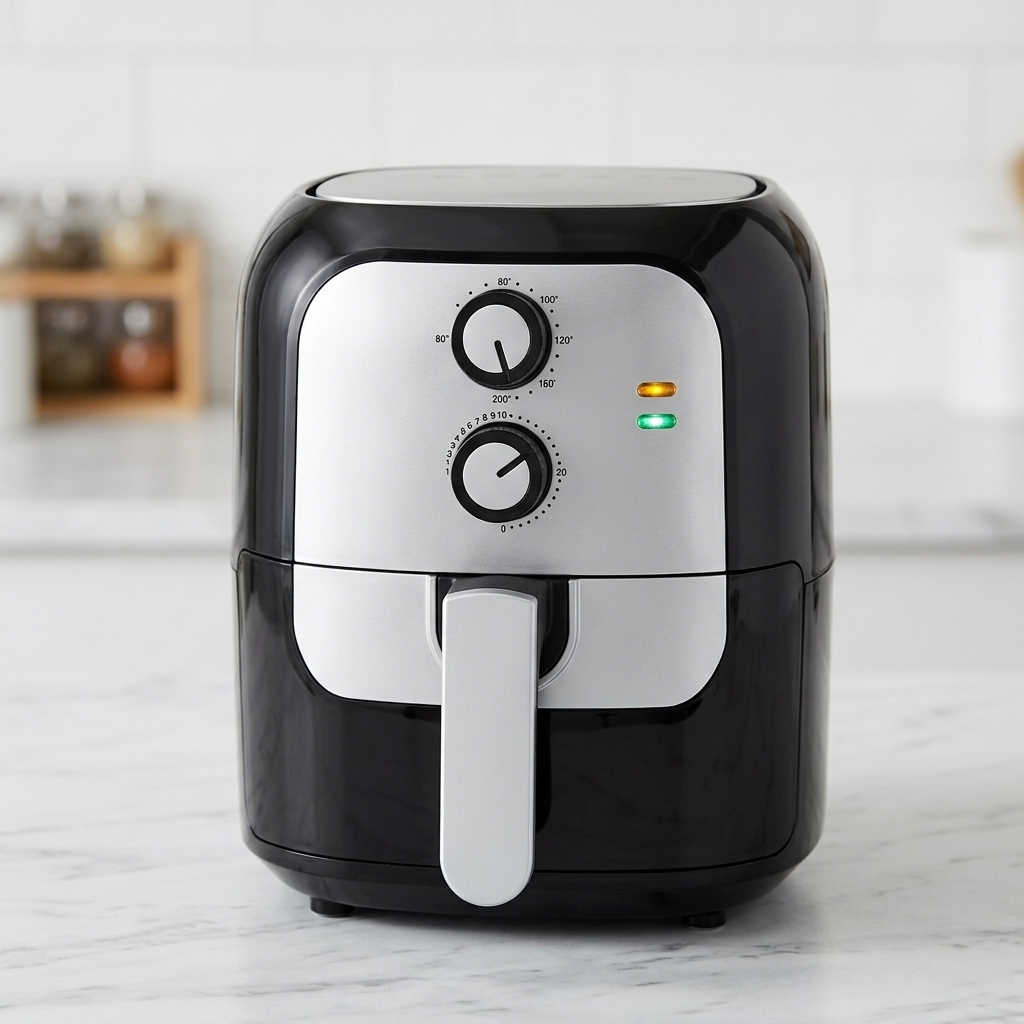 Nahaufnahme der mechanischen Temperatur- und Timer-Regler an einem schwarz-silbernen Air Fryer.