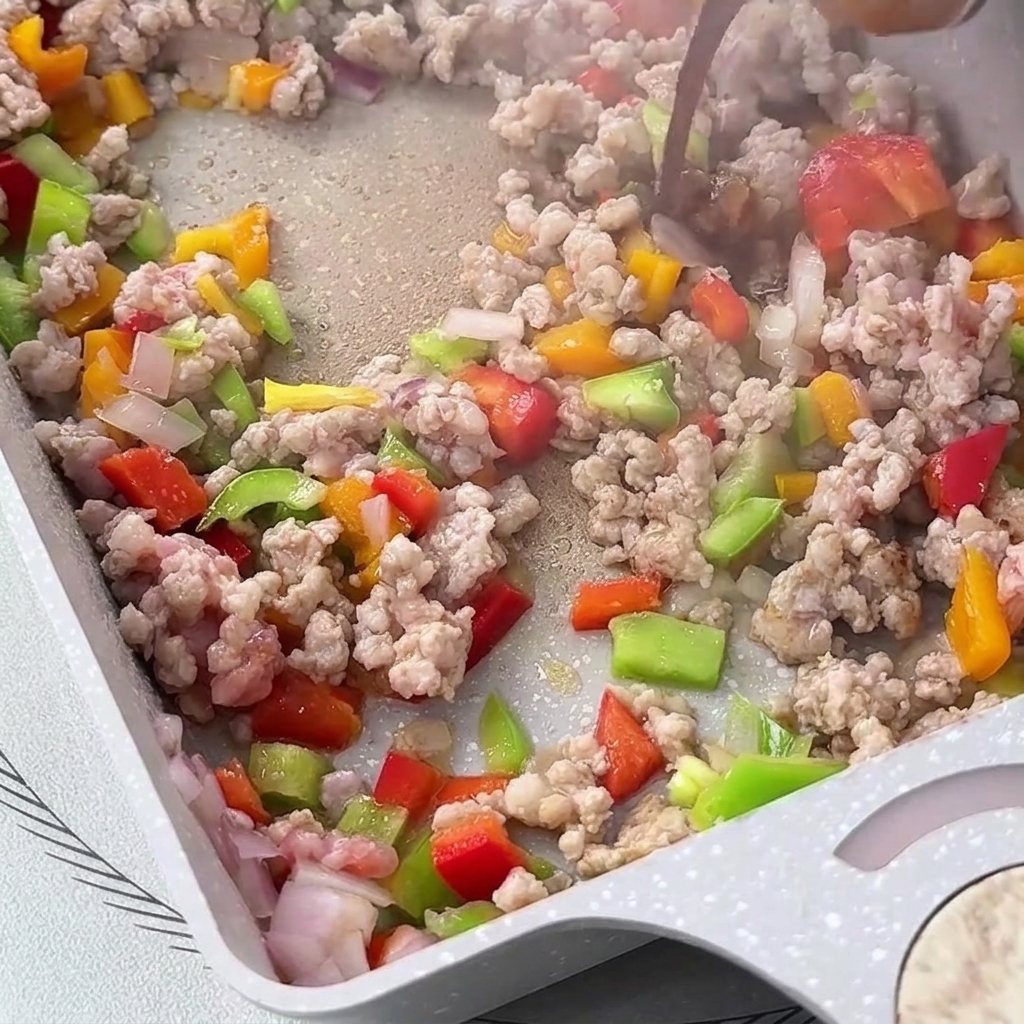 Dunkle Sojasauce wird auf die kochende Fleisch-Gemüse-Mischung in der Pfanne gegossen.