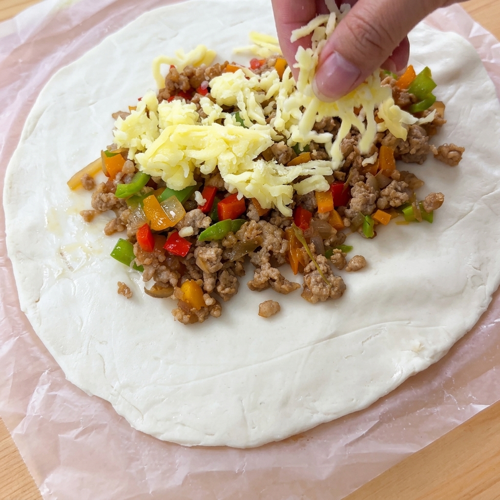 Geriebener Mozzarella-Käse wird großzügig über die Fleischfüllung auf dem Teig gestreut.