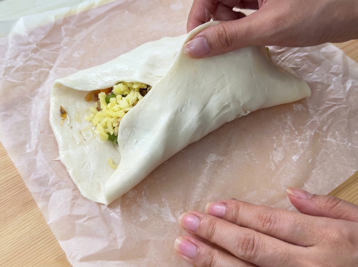 Hände falten die Ränder eines Parathablatts über einer herzhaften Füllung auf Backpapier.