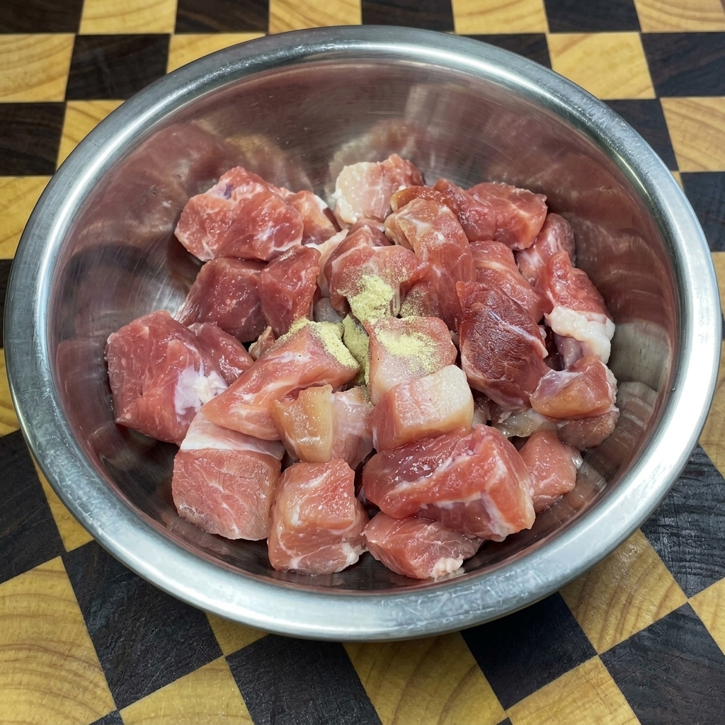 Schweinefleischwürfel in einer Stahlschüssel, bestreut mit weißem Pfeffer, Sojasauce und weiteren Gewürzen.
