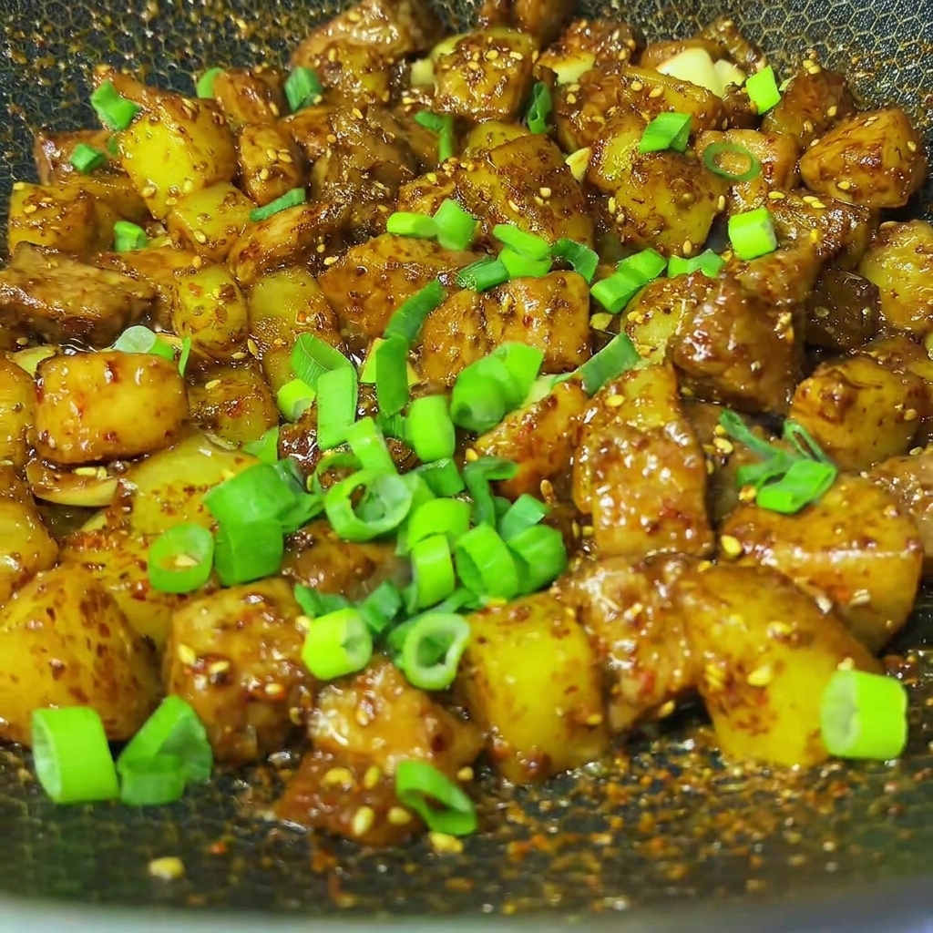 Frisch gehackte Frühlingszwiebeln über dem fertigen Cumin-Grillfleisch und den Kartoffeln im Wok.