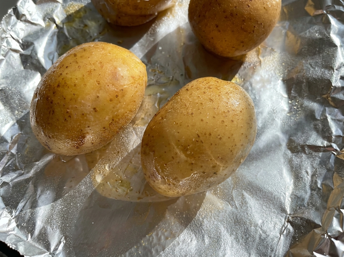Ganze Kartoffeln, mit Öl und Salz eingerieben und in Alufolie auf einem Backblech eingewickelt.