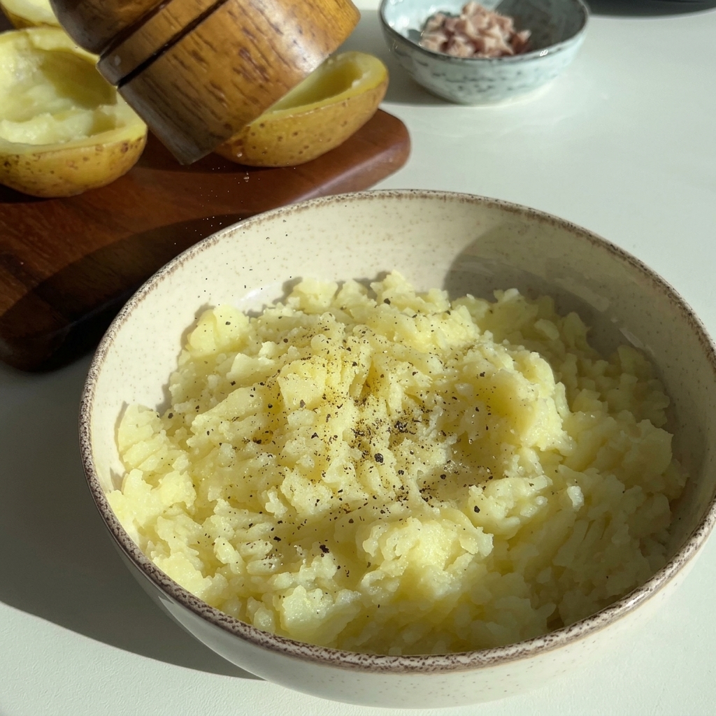 Pfeffer wird über eine Schüssel mit frisch zerstampften Kartoffeln, Schinken und Käse gemahlen.