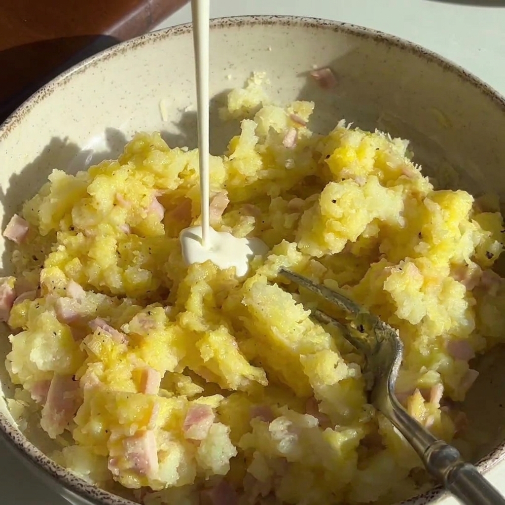 Sahne wird in eine Schüssel mit der Kartoffelmischung gegossen und mit einer Gabel verrührt.
