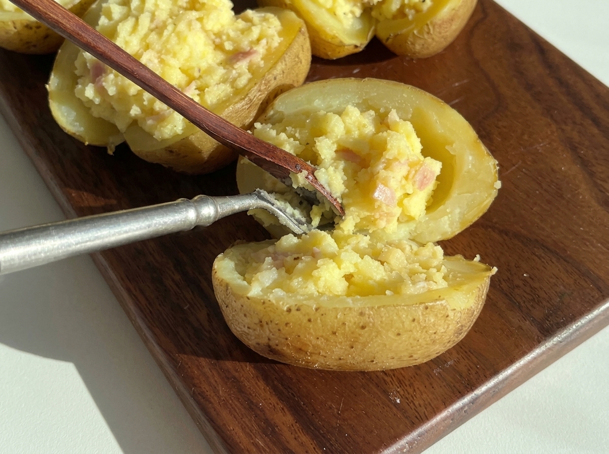 Ein Löffel füllt die gewürzte Kartoffelmasse in eine ausgehöhlte Kartoffelhälfte.