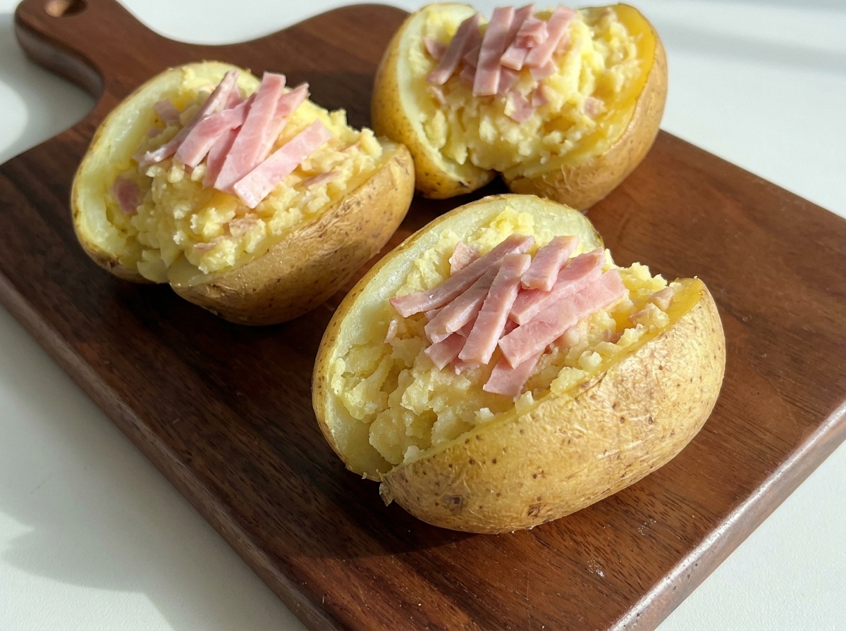 Gefüllte Kartoffelhälften, die mit Schinkenstreifen belegt sind und auf den Käse warten.