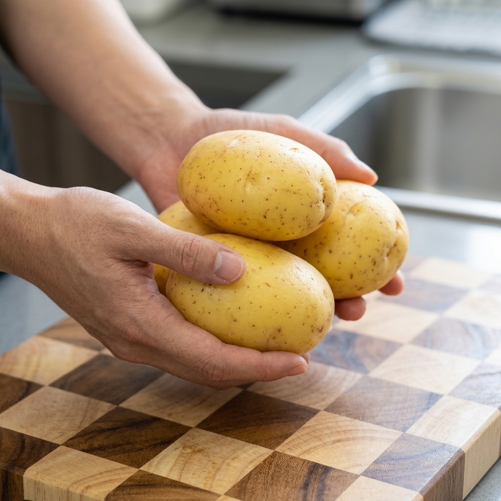 Ein Paar Hände halten frische, roh geschälte Kartoffeln über ein Holzschneidebrett.