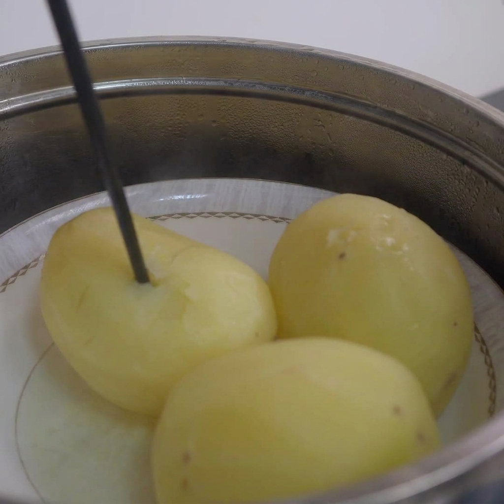 Ein Essstäbchen wird in eine gedämpfte Kartoffel gesteckt, um die Zartheit zu überprüfen.