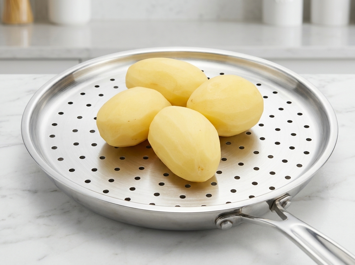 Vier geschälte ganze Kartoffeln in einem Dampfgareinsatz aus Edelstahl.