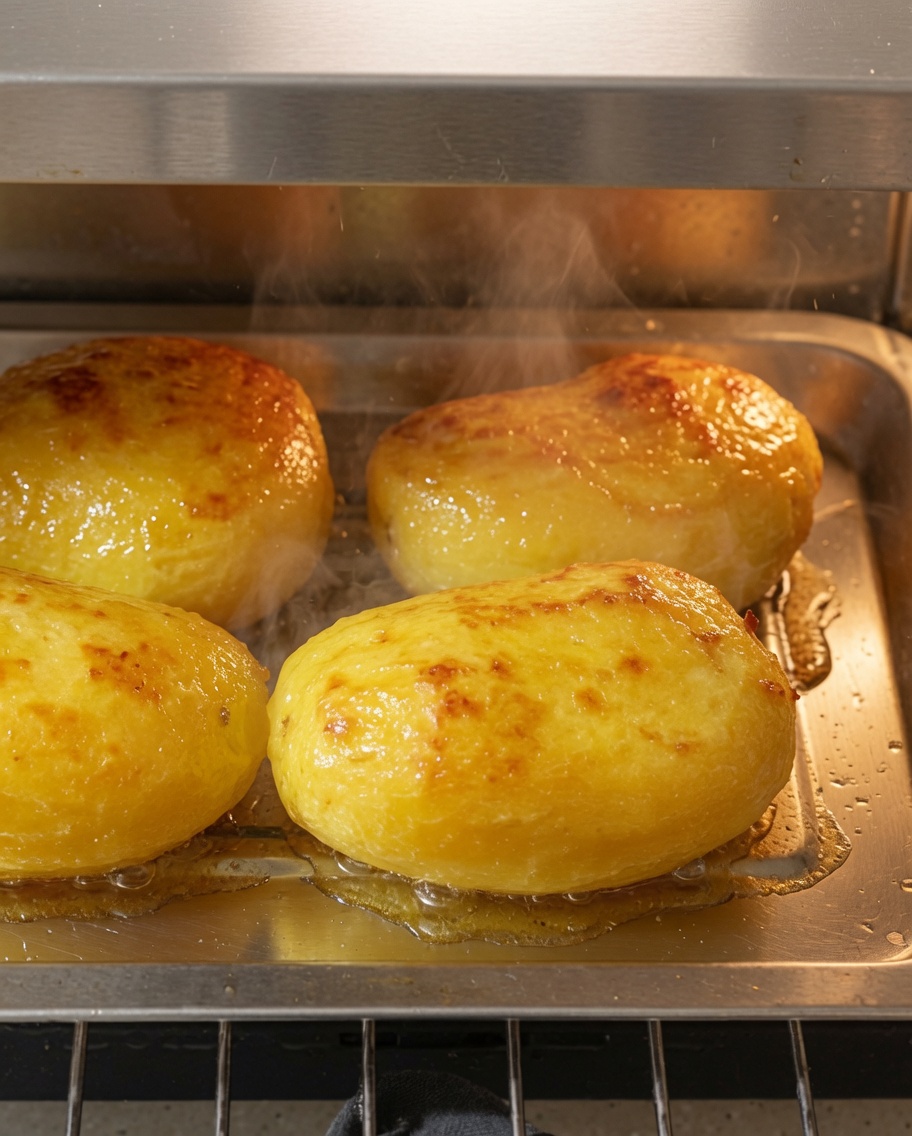 Metallzange wendet gebackene Kartoffeln auf einem heißen Ofenblech.