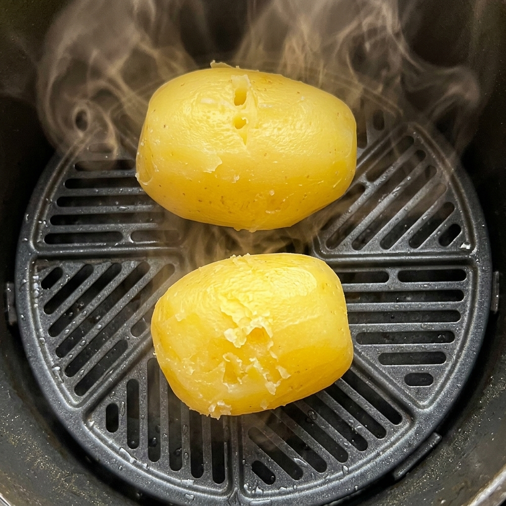 Zwei gedämpfte Kartoffeln liegen im Korb einer Heißluftfritteuse.
