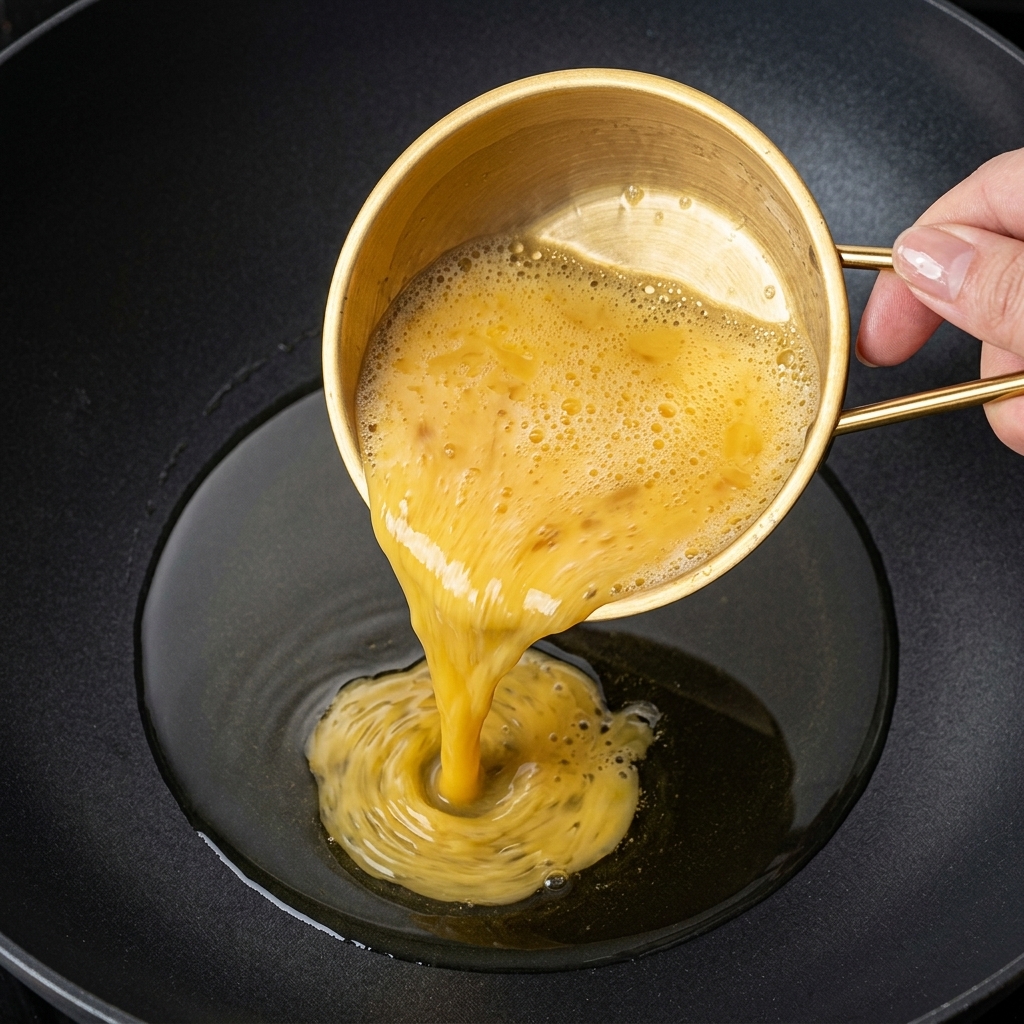 Verquirlte Eier werden aus einer kleinen goldenen Schüssel in einen heißen, geölten Wok gegossen.