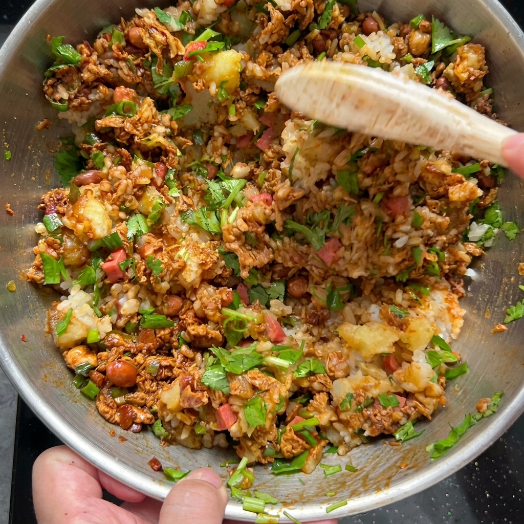 Die gewürzte Reis-Kartoffel-Mischung wird in die gebackenen Kartoffelschalen gelöffelt.