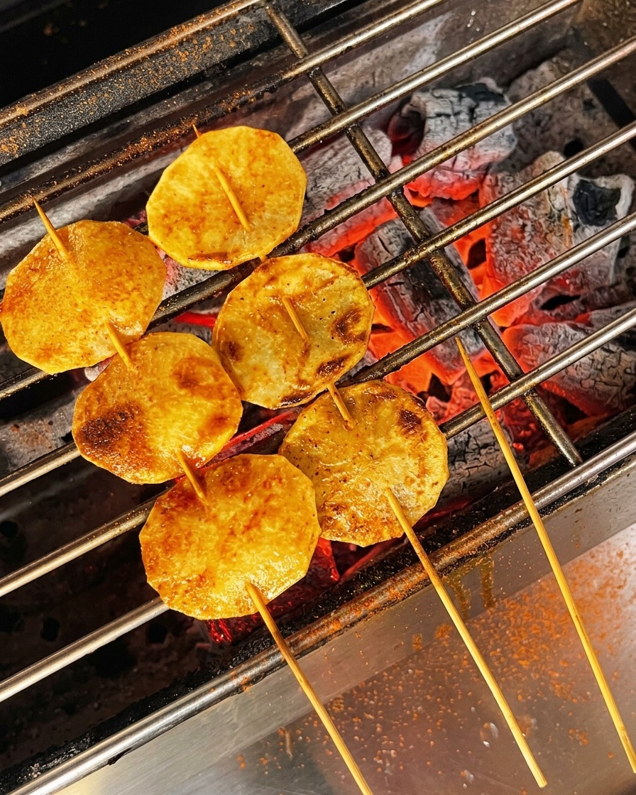 Geölte und goldbraune Kartoffelscheiben, die auf dem Grill mit rotem Chilipulver bestreut werden.