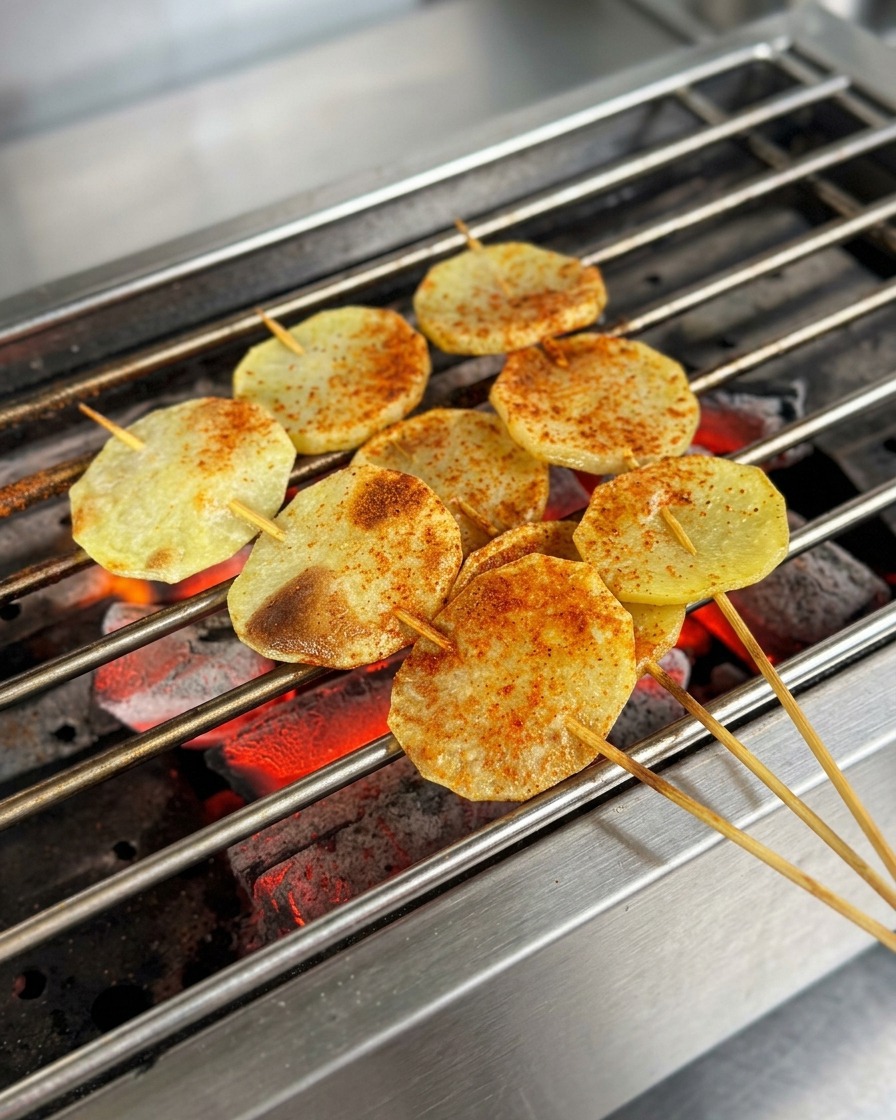 Gewürzte Grillkartoffeln, die mit weißen Sesamsamen bestreut werden.