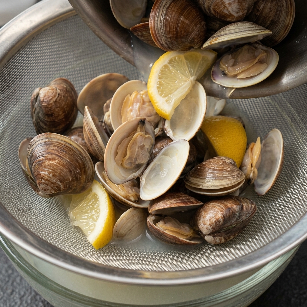 Ein Sieb über einer Glasschüssel fängt gefilterte Muschelbrühe auf, während geöffnete Muschelschalen und Fleisch getrennt werden.