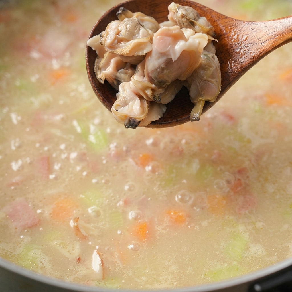 Muschelfleisch wird auf einem Holzlöffel über einem Topf mit köchelnder, cremiger Chowder-Basis gehoben.