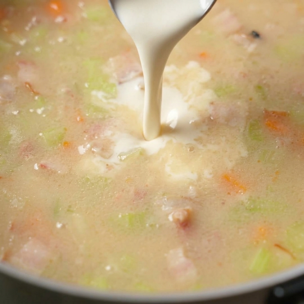 Schlagsahne wird von einem Löffel in einen Topf mit cremiger Suppe mit Sellerie- und Speckstückchen gegossen.