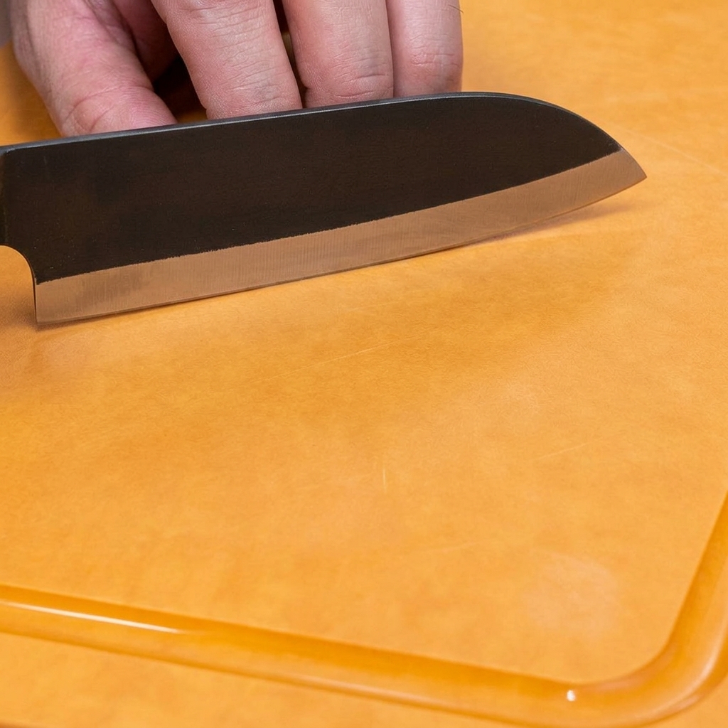 Ein Küchenmesser schneidet frischen Ingwer auf einem orangefarbenen Schneidebrett in dünne Streifen.