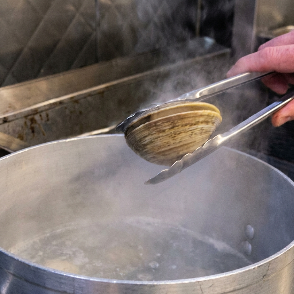 Zange hebt eine frisch geöffnete Muschel über einen großen Aluminiumtopf mit kochendem Wasser.