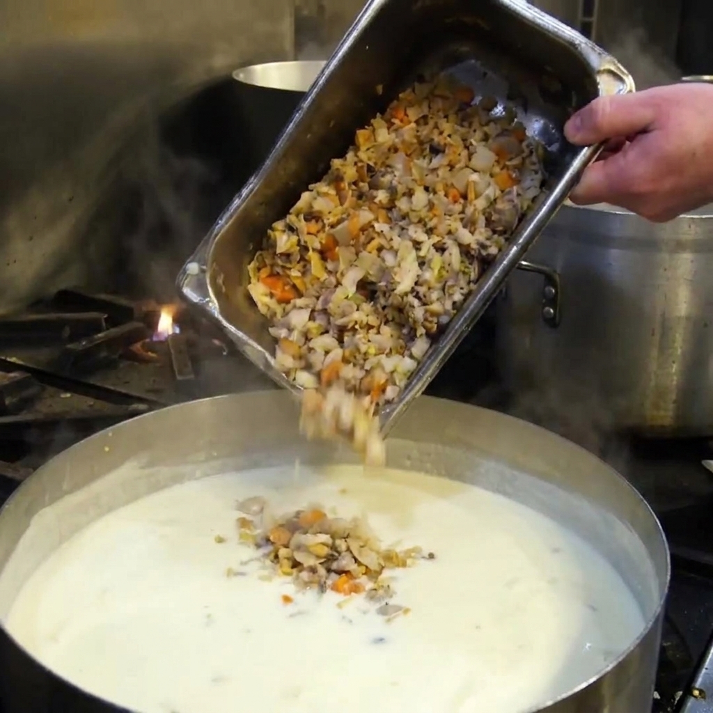 Ein Metalltablett wird verwendet, um eine Mischung aus gehackten Muscheln und Gemüse in einen großen Topf mit köchelnder weißer Sahnesuppe zu gießen.