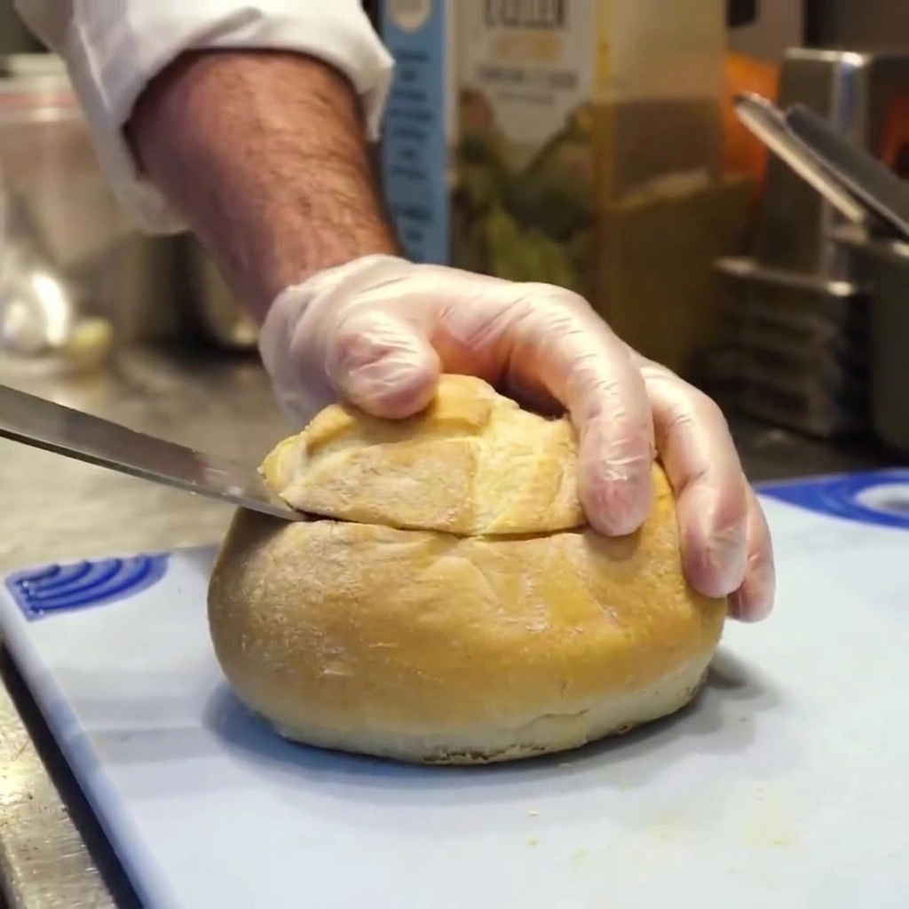 Eine Person mit lebensmittelechten Handschuhen schneidet mit einem Messer den oberen Teil eines knusprigen runden Brotlaibs ab.