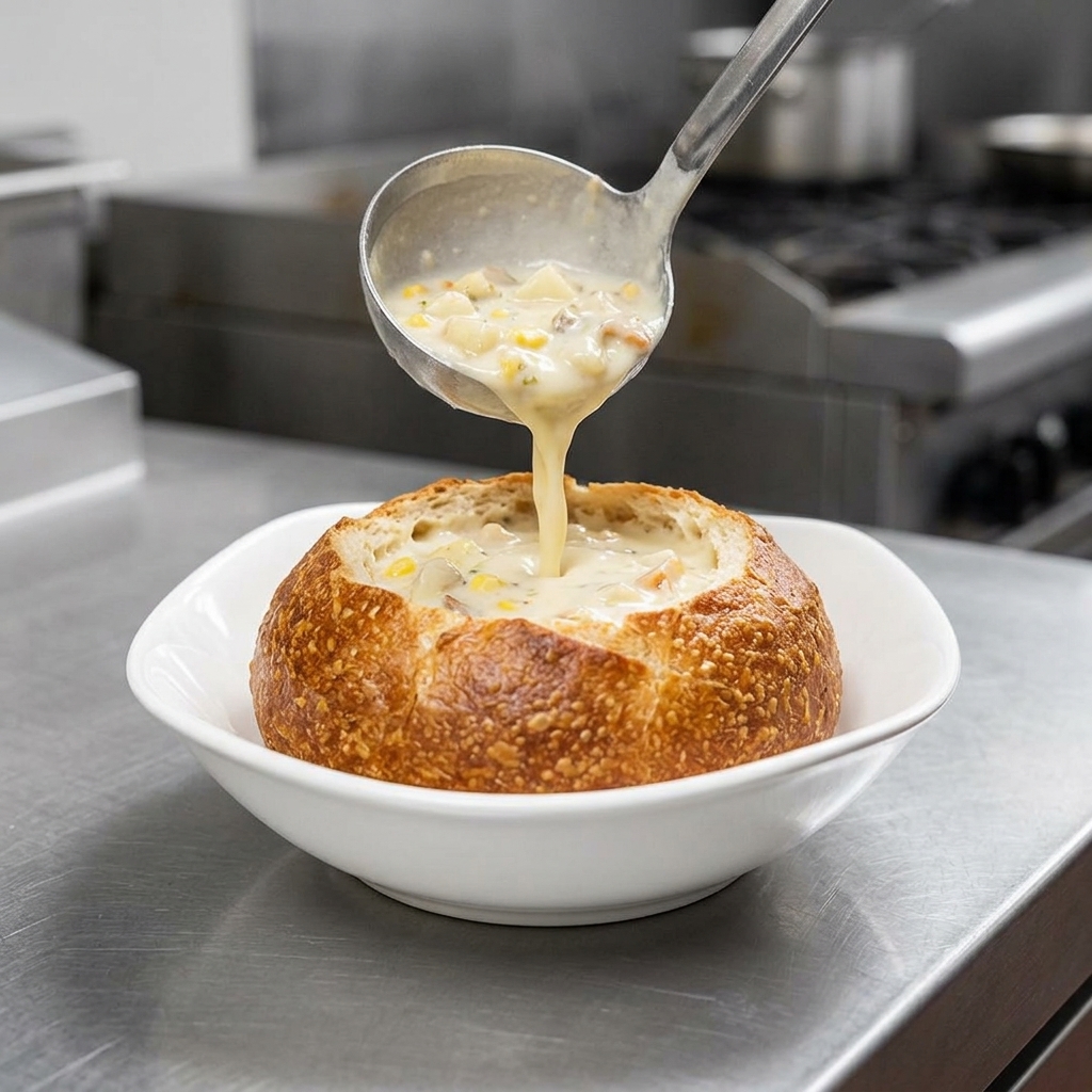 Eine Metallschippe gießt dicke, cremige Muschelsuppe gefüllt mit Kartoffeln und Muscheln in einen knusprigen Brotlaib.