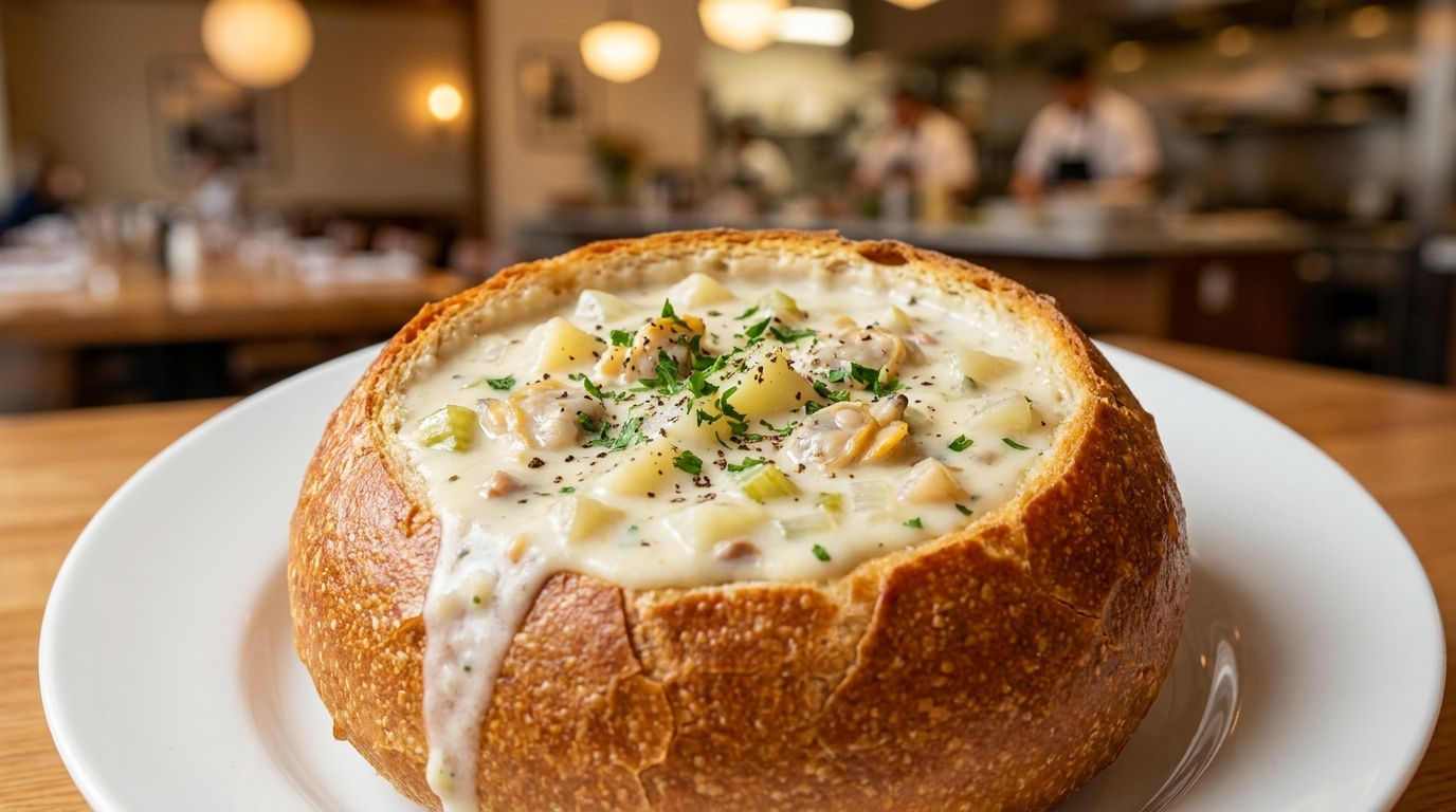 Klassische New England Clam Chowder im Brotlaib