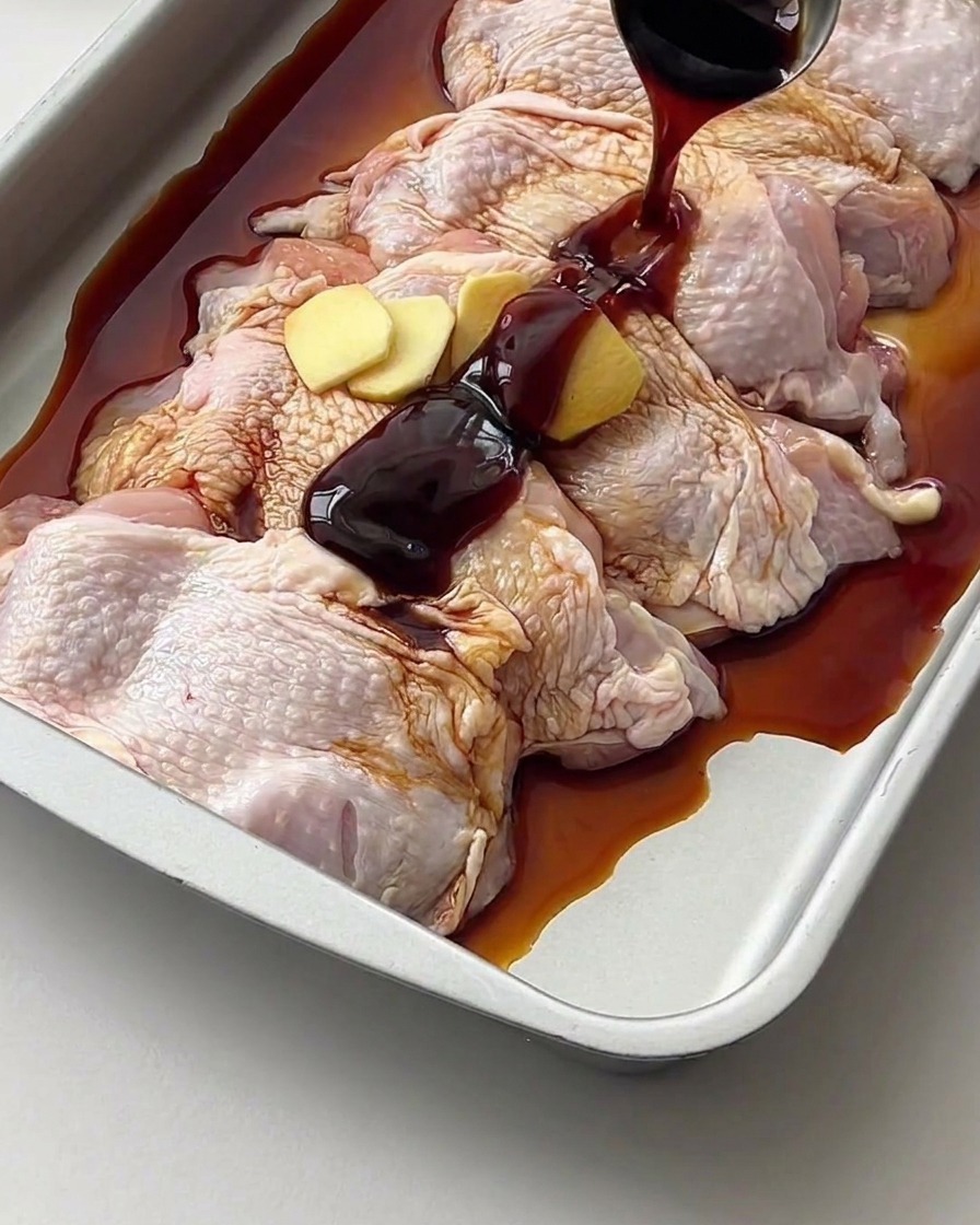 Helle Sojasauce wird aus einem kleinen Löffel über rohe Hähnchenschenkel und Ingwer gegossen.