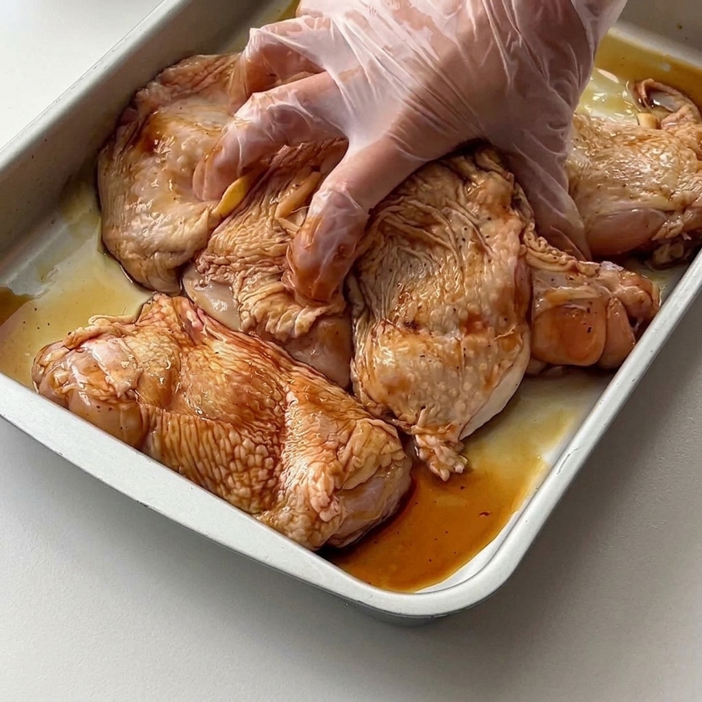 Eine behandschuhte Hand massiert und vermischt die Marinade mit rohen Hähnchenschenkeln in einer Schale.