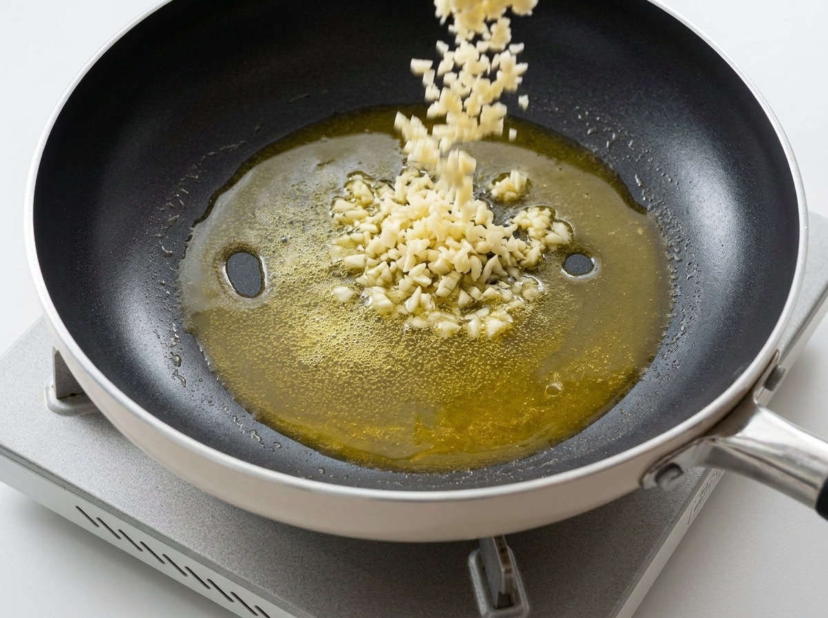 Eine große Menge gehackter Knoblauch wird bei schwacher Hitze in geschmolzene Butter in einer Pfanne gegeben.