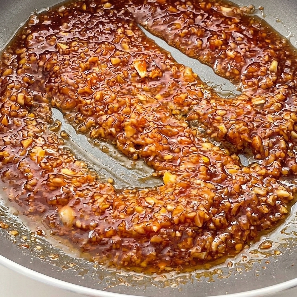 Eine reichhaltige, dunkle und blasende Knoblauch-Sojasauce-Mischung köchelt in einer Pfanne.