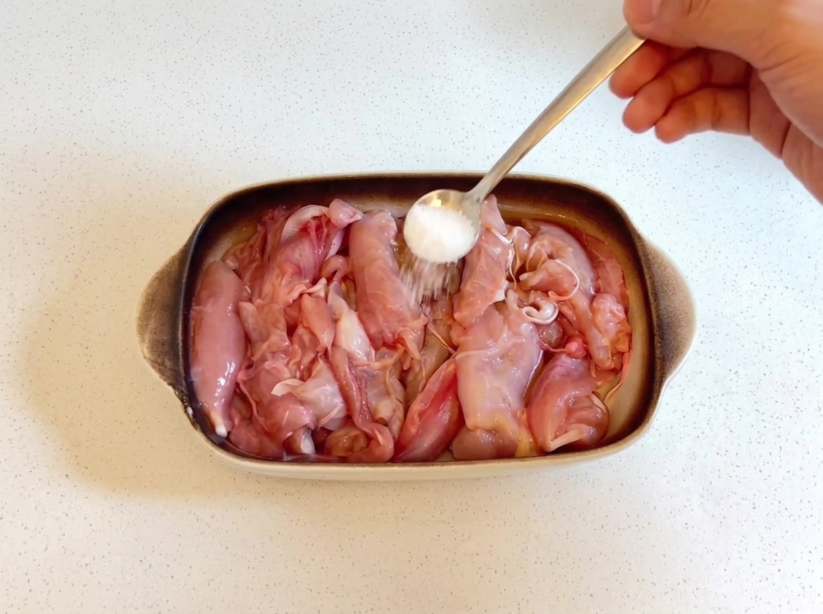 Ein Löffel Salz wird über rohe Hähnchenstücke in einer Keramikauflaufform gestreut.