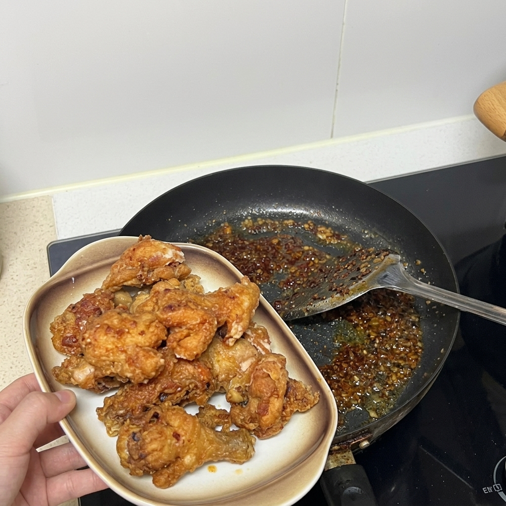 Eine Hand hält einen Keramikteller mit goldbraun frittierten Hähnchenstücken neben einer Bratpfanne mit einer blubbernden Saucenmischung.