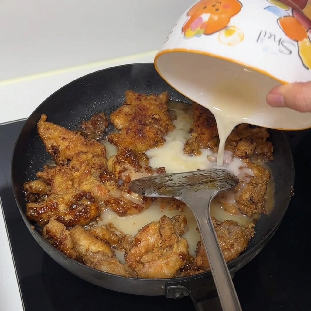 Hähnchenstücke köcheln in einer reichhaltigen Sauce in einer Pfanne bei starker Hitze.