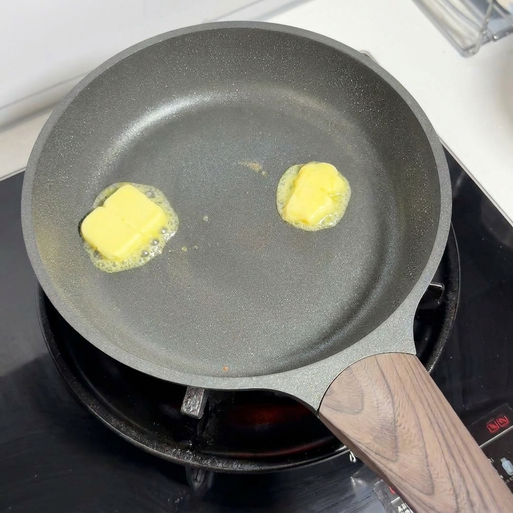 Zwei Stücke gelbe Butter schmelzen und blubbern in einer Pfanne bei niedriger Hitze.