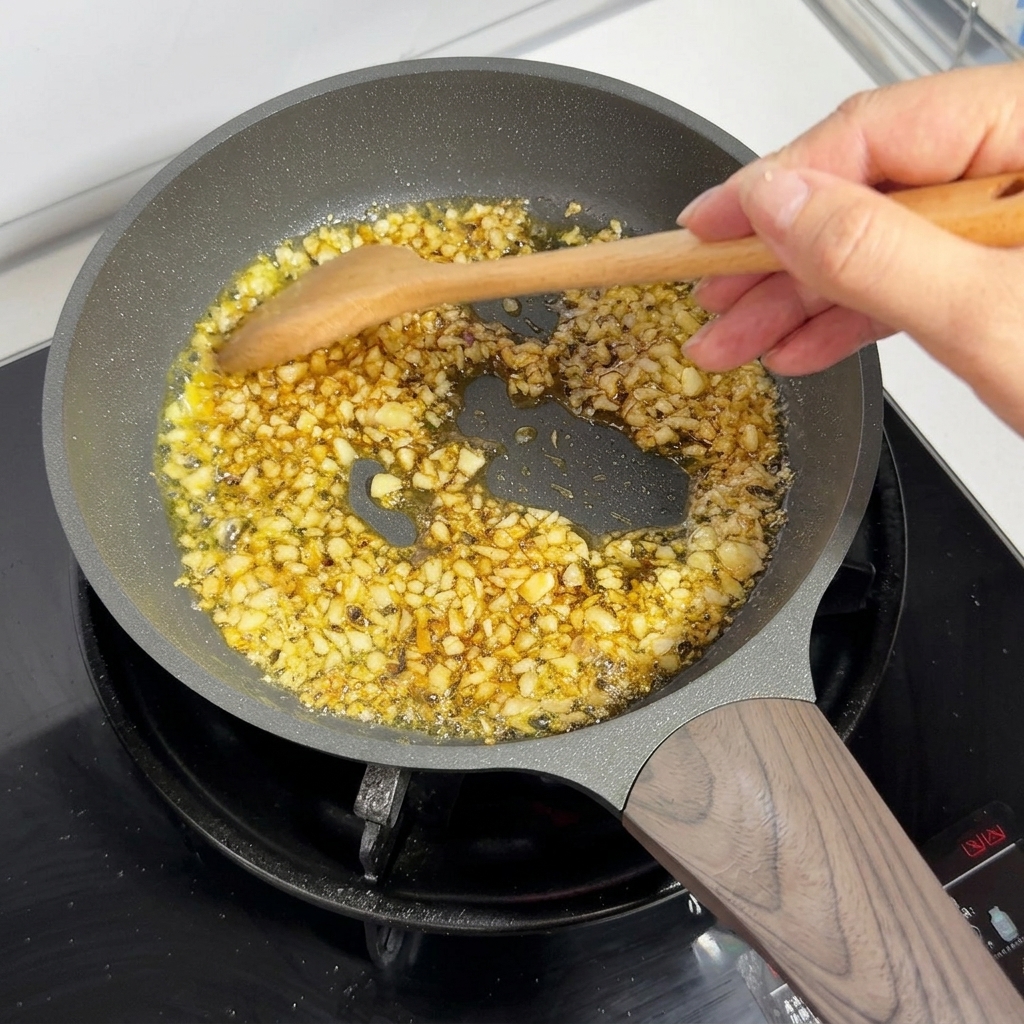Gehackter Knoblauch und Butter schmelzen und köcheln in einer Bratpfanne, während ein Holzlöffel rührt.