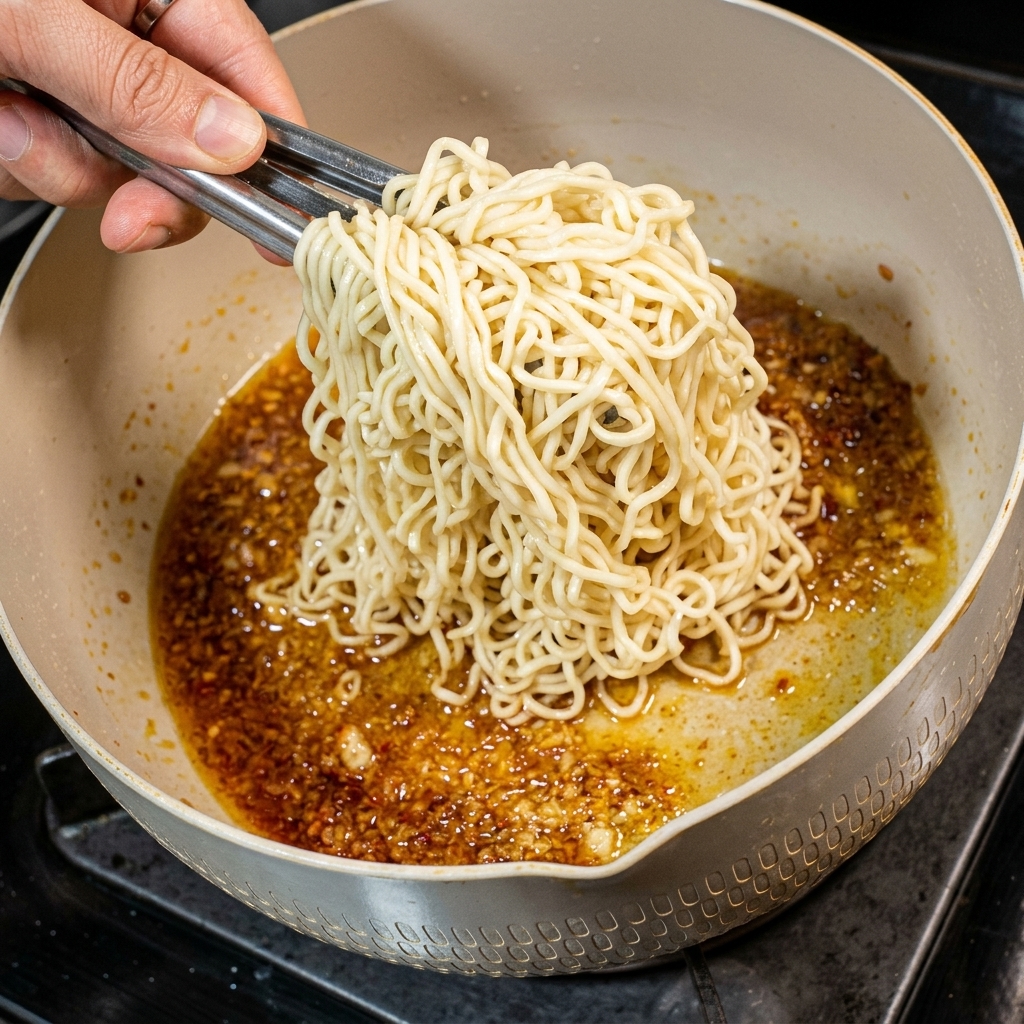 Eine Metallzange hebt vorgekochte Nudeln an und gibt sie in die Pfanne zur Sauce.