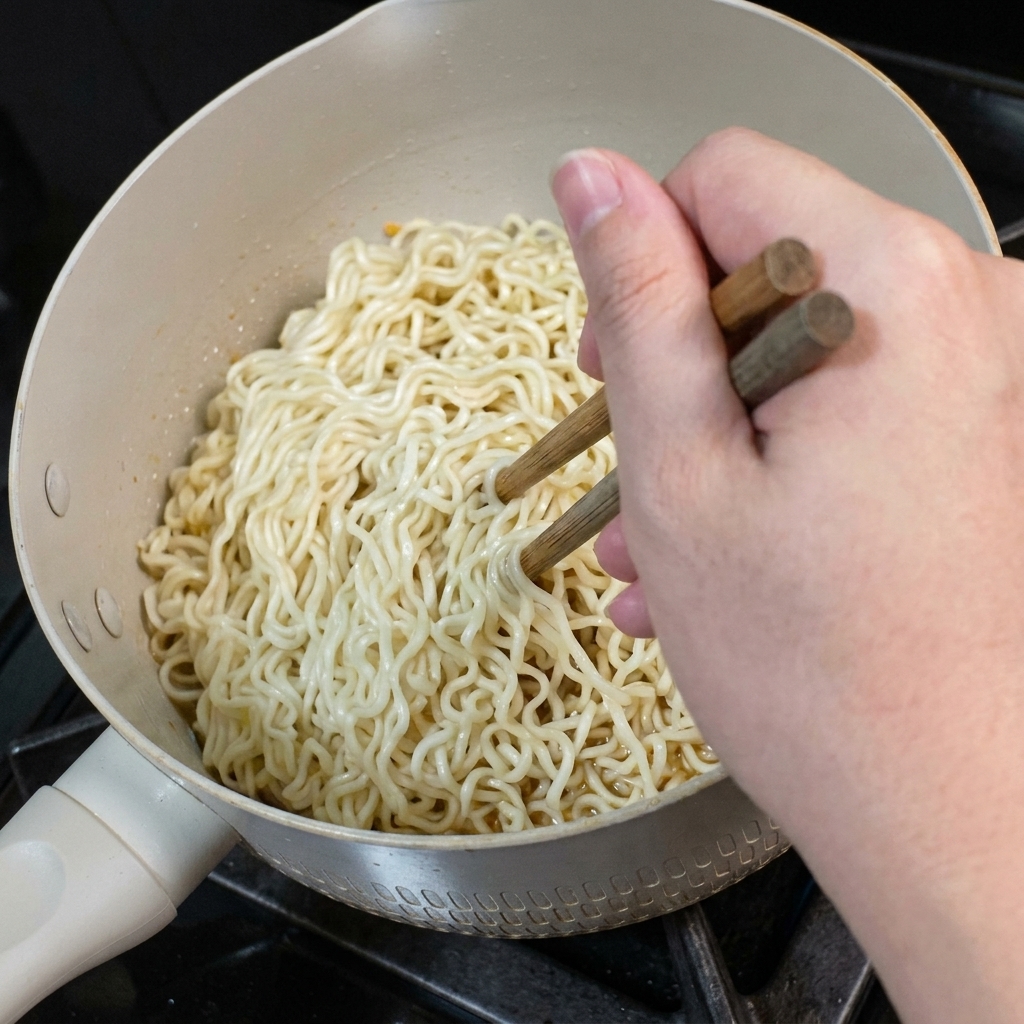 Holzstäbchen wenden einen Nudelhaufen in der Pfanne, um sie mit der Sauce zu überziehen.