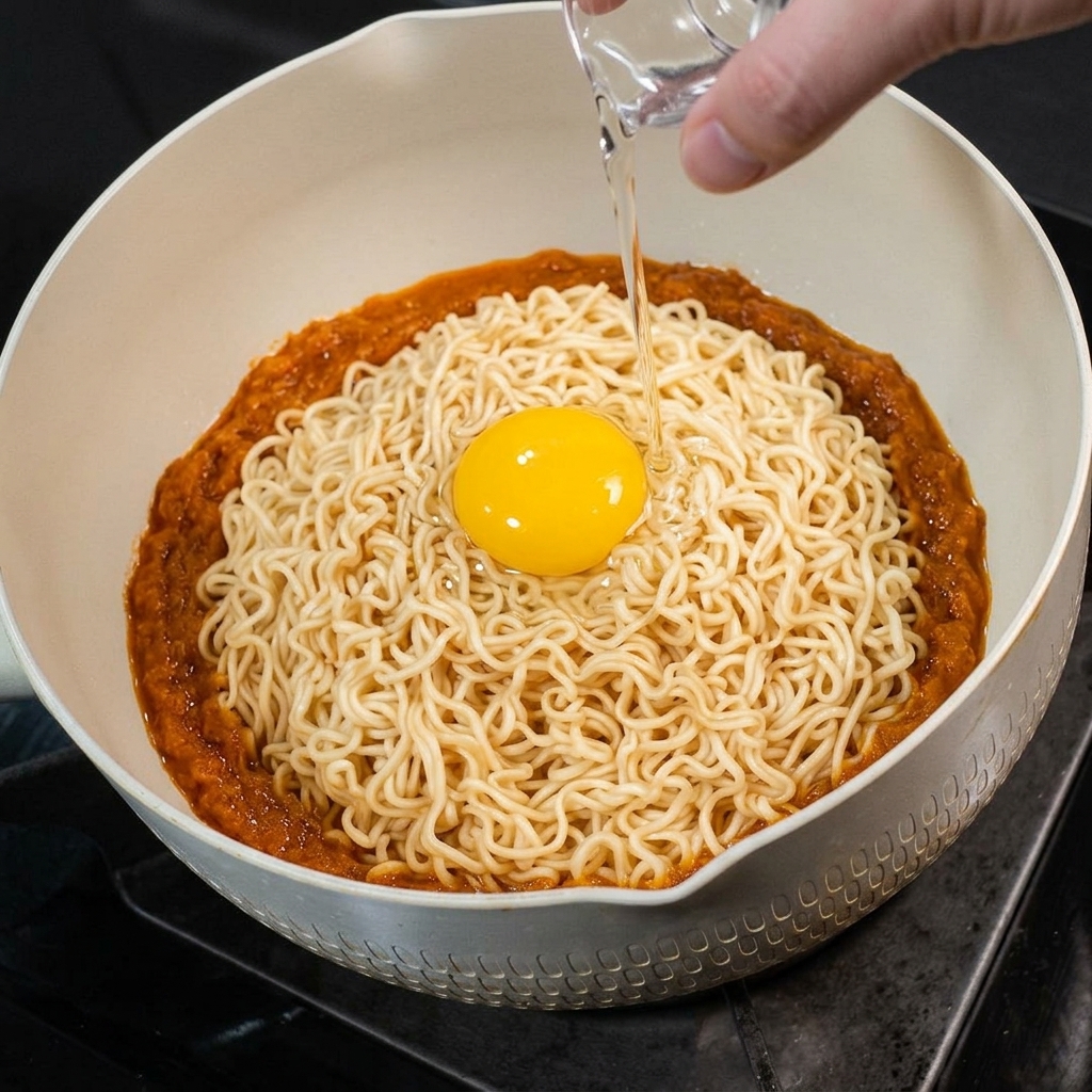 Ein rohes Ei wird direkt auf den Nudelhaufen in der Pfanne aufgeschlagen.