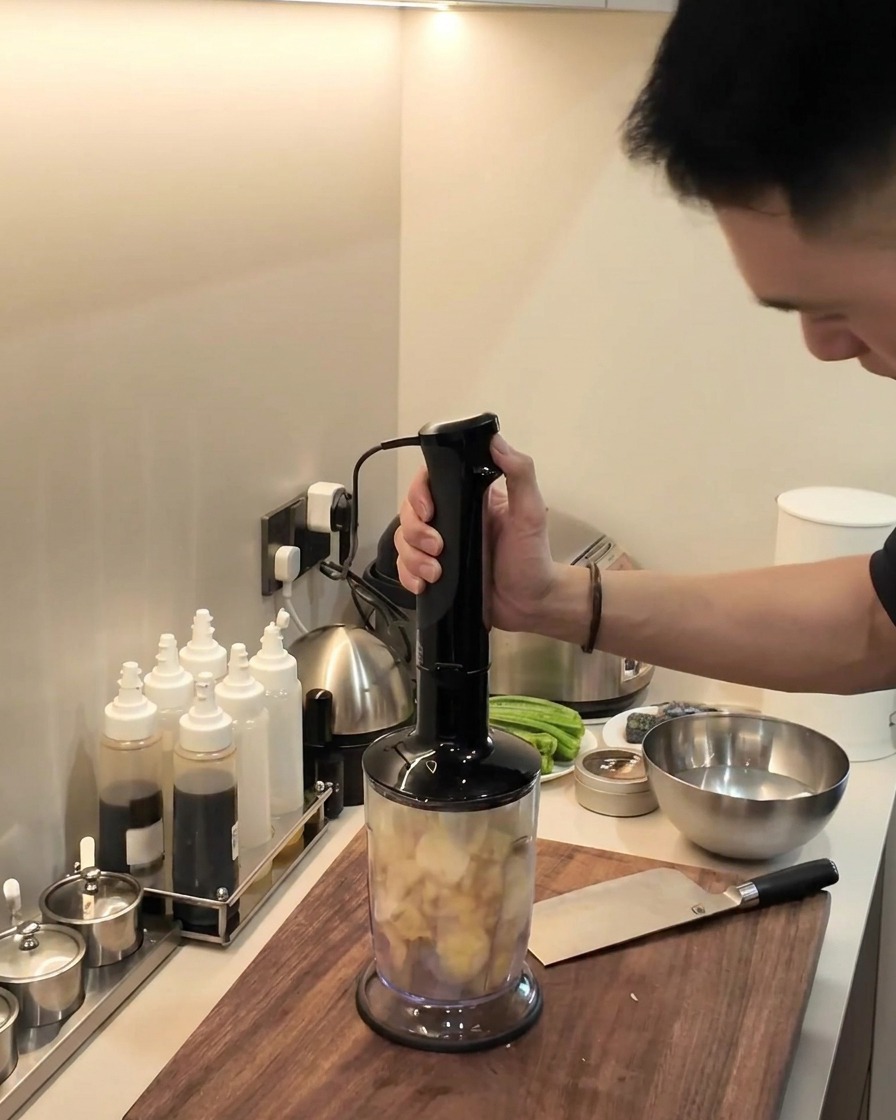 Eine Person gießt eine kleine Menge Wasser in den Mixerbehälter mit den Zutaten.