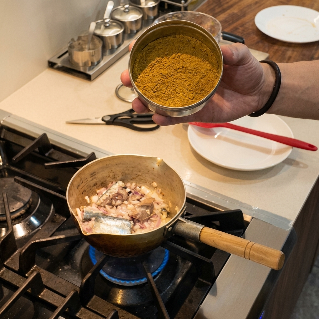Eine Hand hält eine Schüssel mit gelbem Fisch-Masala-Gewürzpulver über einen Kochtopf mit Fisch und Zwiebeln.