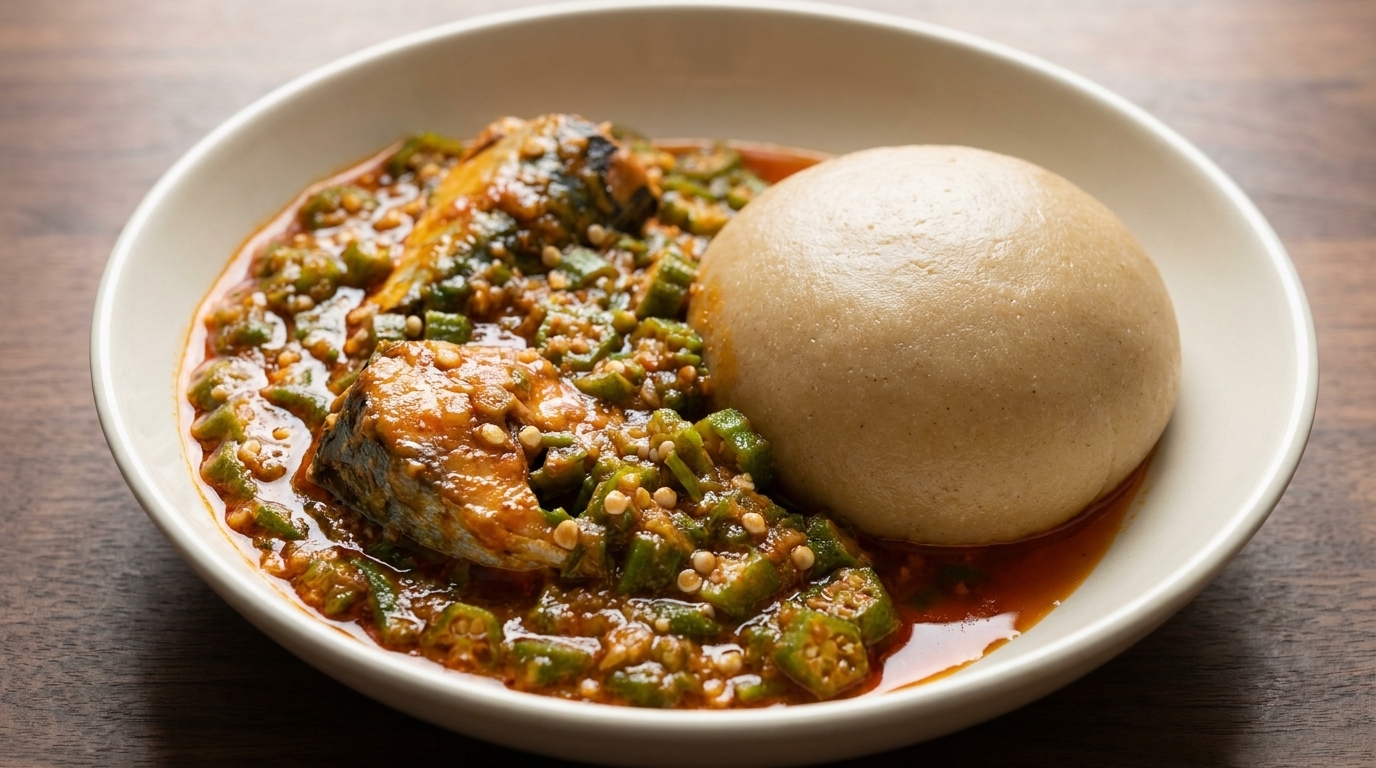 Afrikanischer Fufu mit Okra-Fisch-Suppe