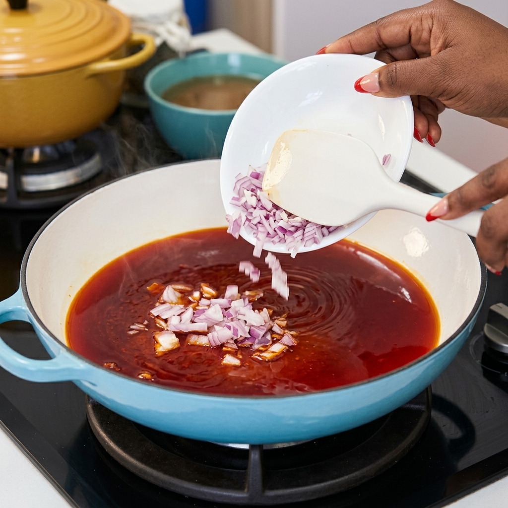 Gewürfelte rote Zwiebeln werden aus einer weißen Schale in eine Pfanne mit lebhaftem rotem Chiliöl gegeben.