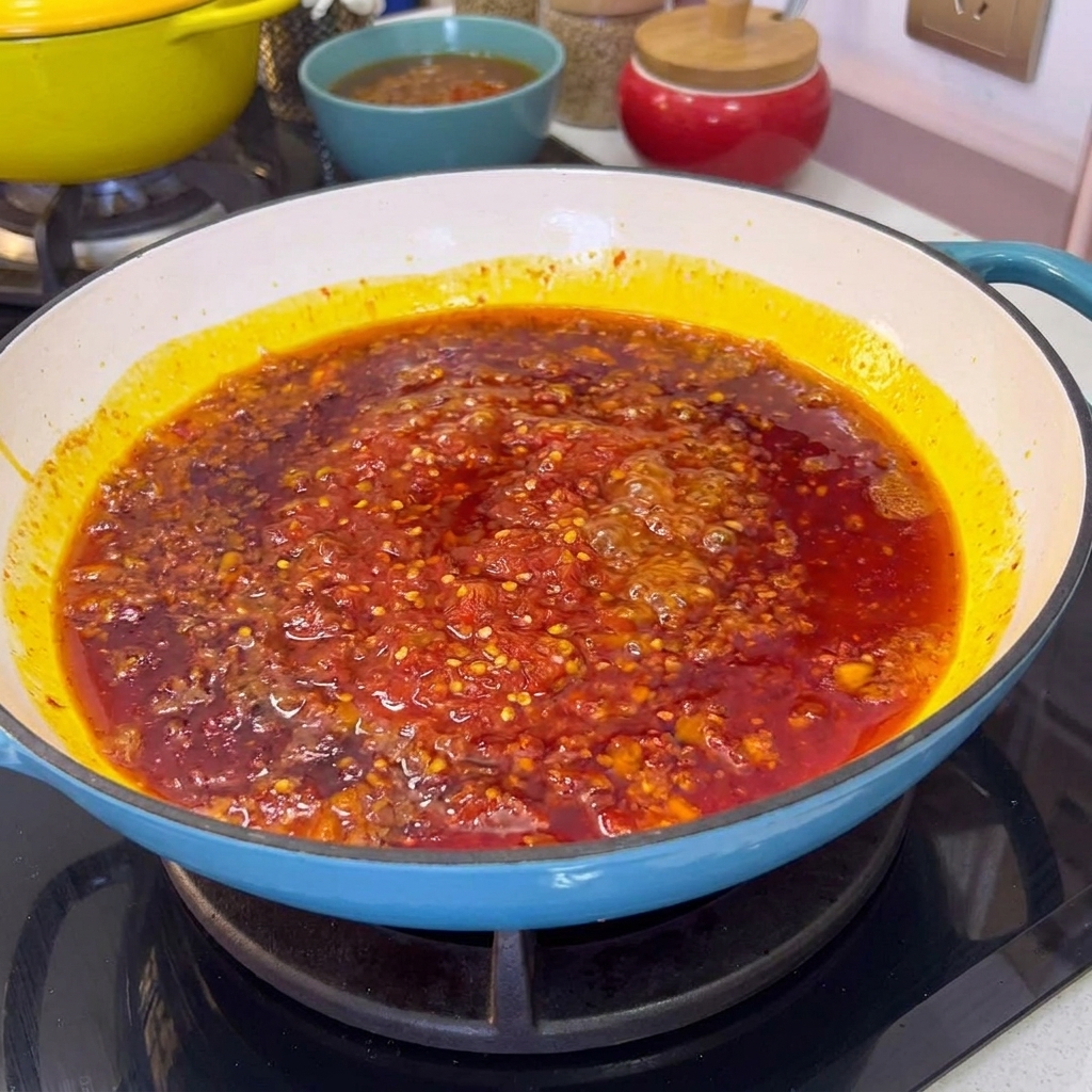 Rote Chilisauce köchelt und blubbert in einer Pfanne mit Öl und Zwiebeln.
